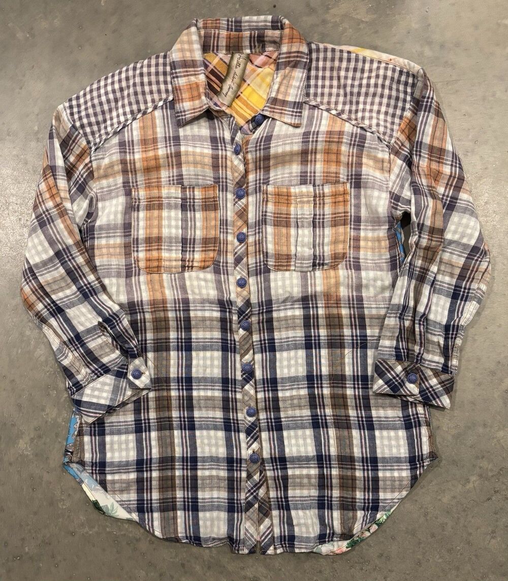 Aratta Silent Journey Women’s Plaid Floral Boho Button Down Tunic Shirt Size S